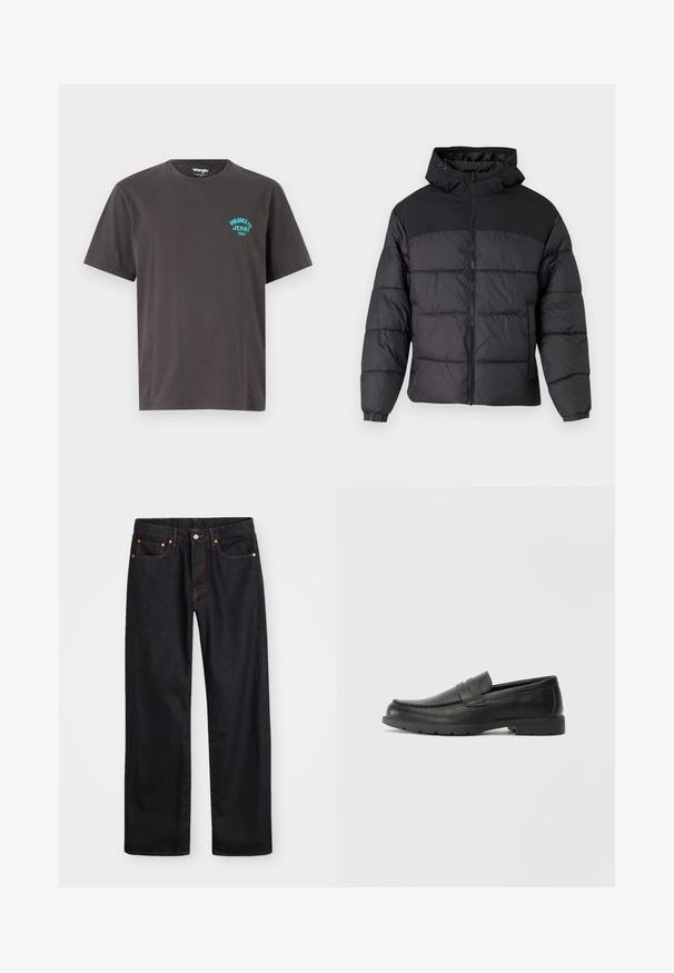 Čierna pufková bunda s kapucňou, so zipsom na prednej strane, elastickými manžetami a prešívaným dizajnom. Horná časť je z hladkej látky.; Tmavo šedé bavlnené tričko s krátkymi rukávmi, okrúhlym výstrihom a tyrkysovým logom "Wrangler Jeans 1947" potlačeným na ľavej strane.; Pánske rovné čierne riflové nohavice s piatimi vreckami a oranžovým prešívaním, s gombíkom a zipsom na prednom páse.; Čierne kožené mokasíny s hladkým povrchom, vrchnou časťou v štýle mokasín, prešitým detailom a gumovou podrážkou. Klasický dizajn s nízkym podpätkom.