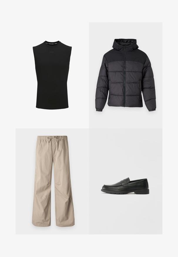 Geacă puffer neagră cu glugă, cu fermoar în față, manșoane elastice și un design matlasat. Secțiunea superioară este dintr-un material neted.; Top sportiv fără mâneci, de culoare neagră, cu un guler înalt și un mic logo "CNZ" în centrul frontal.; Pantaloni largi beji cu talie elastică și șnur. Textură netedă, două buzunare laterale și cusături minime pentru un aspect relaxat.; Labeled cu oglindă din piele neagră cu un finisaj neted, partea superioară în stil mocasin, detalii cusute și o talpă din cauciuc. Design clasic cu un toc jos.