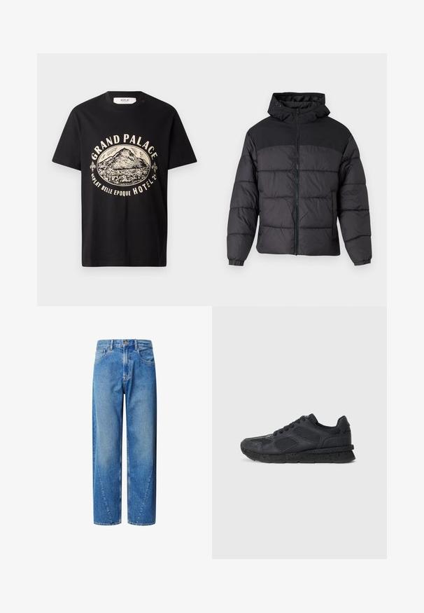 Zwarte pufferjack met een capuchon, voorzien van een rits aan de voorkant, elastische manchetten en een gequilt ontwerp. Het bovenste gedeelte is van gladde stof.; Zwart katoenen t-shirt met een beige grafische print van een berg en de tekst "Grand Palace Replay Belle Epoque Hotel." Eenvoudig ontwerp met ronde hals.; Lichtblauwe denim jeans met een hoge taille, wijde pijpen en schuin geplaatste zaknaden. Bevat vijf zakken en een knoopsluiting.; Replay ARTHUR ATOM - Sneakers laag - black