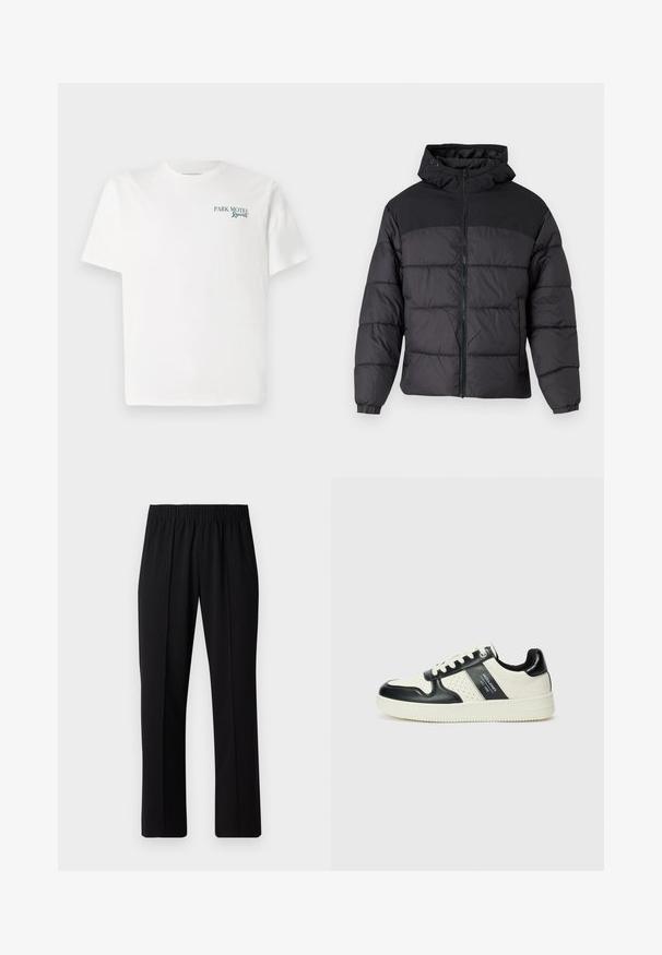 Black puffer jacket with a hood, featuring a zip front, elastic cuffs, and a quilted design. Upper section is smooth fabric.; White cotton t-shirt with a crew neck. Front features green text: "PARK MOTEL Resort." Short sleeves and a relaxed fit. Smooth texture.; Black, elastic-waist trousers with a straight-leg design, featuring a smooth texture and no visible patterns or hardware.; Leather sneakers with a black and cream color scheme, featuring perforated accents, a padded collar, and a textured outsole.
