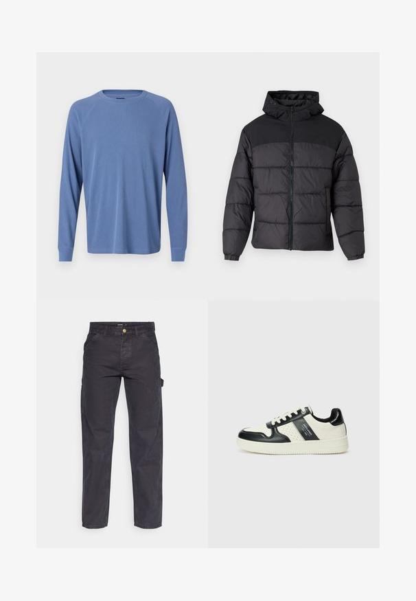 Mustas puffy jakk, millel on kapuuts, esi tõmblukk, elastsed varrukaotsad ja qm vapustav värveldisain. Ülemine osa on siledast kangast.; Heled varrukatega, ümmarguse kaelusega särgid helesinises toonis, mis on varustatud tekstuurse ribade disainiga ja raglansvarvadega, millel on kitsad mansetid.; Tumehallid cargo-püksid, mis on valmistatud vastupidavast kangast, sirge lõikega, viie tasku ja nupuga kinnitusega vööl.; Nahatud nahkkingad musta ja kreemi värviskeemiga, millel on perforeeritud aktsendid, pehme krae ja tekstureeritud tallad.