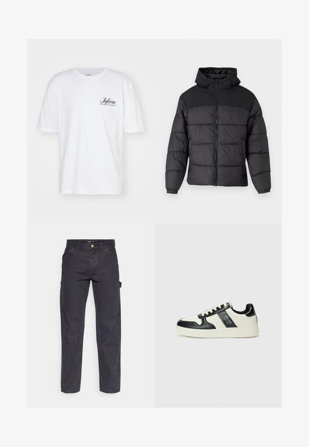 Svart puffjacka med huva, med dragkedja fram, elastiska ärmslut och en kviltad design. Översta delen har en slät tygkvalitet.; Vit bomull T-shirt med kort ärm och rundad halsringning. Har svart kursiv text "Inferno" på vänster bröst. Slät textur.; Mörkgrå cargobyxor i slitstark tyg, med rak benform, fem fickor och knappstängning i midjan.; Läder sneakers med en svart och krämfärgad färgsättning, med perforerade detaljer, en vadderad krage och en strukturerad yttersula.