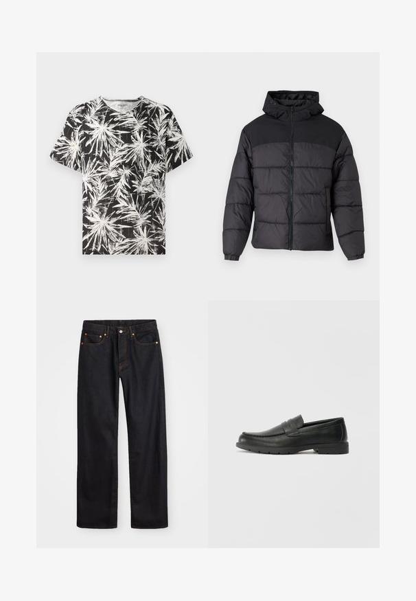 Fekete puffernadrág kapucnival, elöl cipzáros, rugalmas mandzsettákkal és steppelt dizájnnal. A felső része sima anyagból készült.; Fekete póló, fehér absztrakt pálmalevél mintával, rövid ujjú és kerek nyakkivágású, könnyű pamut anyagból készült.; Férfi egyenes szabású fekete farmernadrág öt zsebbel és narancssárga varrással, gombos és cipzáros záródással elöl.; Fekete bőr mokaszinok sima felülettel, a mokaszin stílusú felsőrésszel, varrott részletezéssel és gumitalppal. Klasszikus dizájn alacsony sarokkal.