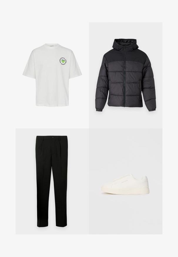 Svart puffjacka med huva, med dragkedja fram, elastiska ärmslut och en kviltad design. Översta delen har en slät tygkvalitet.; Vit bomull t-shirt med en rund grafik som har ett grönt hjärta och text. Korta ärmar och rundad halsringning. Normal passform.; Svart skräddarsydda byxor med flat front, två veck, knappstängning, sidofickor och rak benpassform. Tillverkade av ett slätt tyg.; Vita slip-on sneakers med en texturerad yta, en tjock sula och minimalistisk design. Har varumärkeslogotypen på sidan.