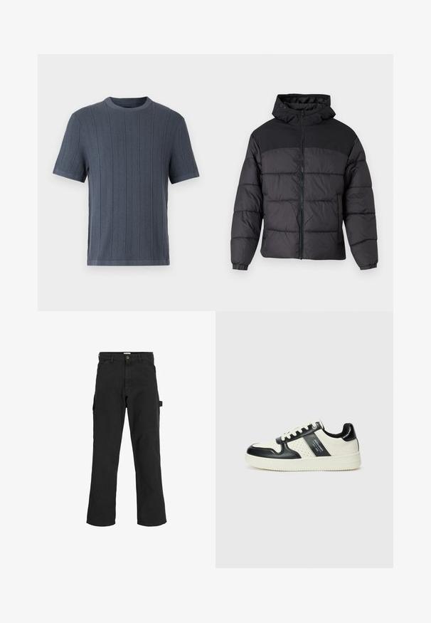 Schwarze Pufferjacke mit Kapuze, ausgestattet mit einem Reißverschluss, elastischen Bündchen und einem gesteppten Design. Der obere Teil besteht aus glattem Gewebe.; Kurzarm-T-Shirt mit Rundhalsausschnitt in Dunkelgrau, das über ein strukturiertes Rippdesign und feste Bündchen verfügt. Glatte Stoffoberfläche.; Schwarze Cargo-Hosen aus einem Baumwoll-Mischgewebe. Mit weitem Bein, schrägen Taschen vorne und einer Seitentasche mit einer Schlaufe für Accessoires.; Leder-Sneaker in Schwarz- und Cremetönen, mit perforierten Akzenten, einem gepolsterten Kragen und einer strukturierten Laufsohle.