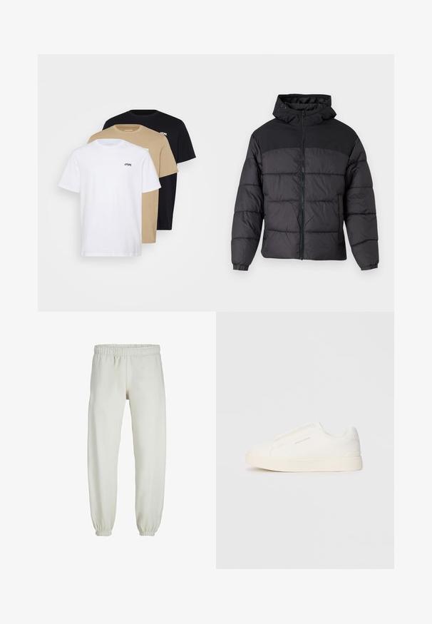 Fekete puffernadrág kapucnival, elöl cipzáros, rugalmas mandzsettákkal és steppelt dizájnnal. A felső része sima anyagból készült.; Három rövid ujjú póló fehér, bézs és fekete színben. Mindegyiknek kerek nyaka van, és a bal mellkason egy kis logó található.; Fehér melegítőnadrág, puha anyagból készült, rugalmas derékrésszel és mandzsettával, sima tapintású és laza szabású.; Fehér slip-on sportcipők texturált felülettel, vastag talppal és minimalista dizájnnal. Az oldalon a márka logója található.