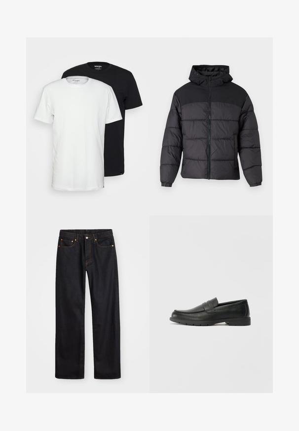 Svart puffjakke med hette, med glidelås foran, elastiske mansjetter og quiltet design. Øvre del har glatt stoff.; Pakke med to t-skjorter: en hvit og en svart. Begge har rund hals og korte ermer, laget av mykt bomullsmateriale.; Men's straight-leg svarte denim jeans med fem lommer og oransje søm, knapp og glidelås lukking foran på midjen.; Svart skinnloafers med glatt finish, mokkasin-stil overdel, broderte detaljer og gummisåle. Klassisk design med lav hæl.