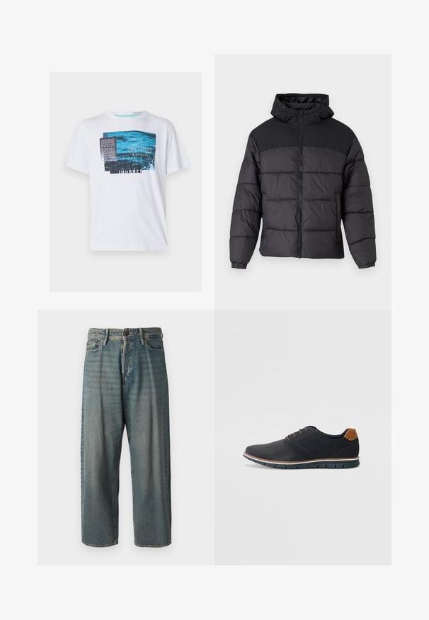 Black puffer jacket with a hood, featuring a zip front, elastic cuffs, and a quilted design. Upper section is smooth fabric.; White short-sleeve t-shirt featuring a blue graphic design with text, a textured pattern, and round neckline, made of lightweight cotton material.; Light blue denim jeans with a loose fit, mid-rise waist, and straight legs. Features five pockets, belt loops, and a button closure.; Black synthetic shoes with a textured upper, smooth accents, brown heel, and a contrasting sole. Features minimal lacing and stitch details.