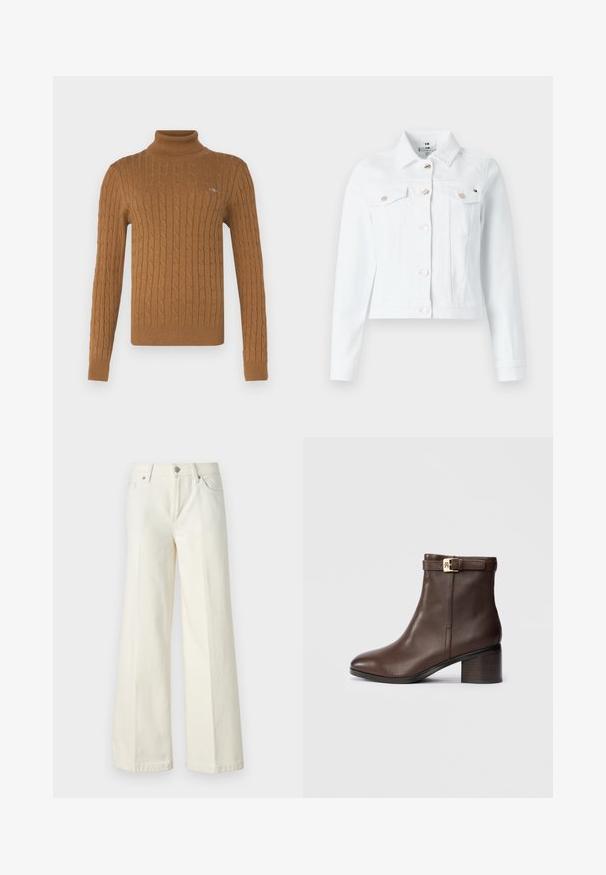 Balts denima žakets ar strukturētu dizainu, divām krūšu kabatām, zelta toņa pogām un īsu garumu, ideāls ikdienas valkāšanai.; GANT TURTLENECK - Džemperis - cacao; Platās kāju baltās džinsas, izgatavotas no kokvilnas maisījuma auduma. Tām ir rāvējslēdzēja josta, piecu kabatu dizains un šuvju izšuvumi gar šuvēm.; Kasta ādas potītes zābaks ar noapaļotu purngali, zemu kvadrātveida papēdi un dekoratīvu sprādzi ap potīti. Gluda tekstūra un elegants dizains.