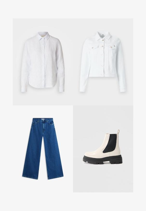 Chaqueta de mezclilla blanca con un diseño estructurado, dos bolsillos en el pecho, botones dorados y un largo corto, ideal para un uso casual.; Camisa abotonada de rayas azul claro y blanca, hecha de tela transpirable, con un cuello clásico y mangas largas que cuentan con puños abotonados.; Vaqueros de pierna ancha en denim azul con cintura alta y diseño clásico de cinco bolsillos. La tela tiene un acabado texturizado y un desgaste sutil.; Botín Chelsea de cuero crema con suela gruesa negra y panel lateral elástico negro sobre fondo blanco liso.
