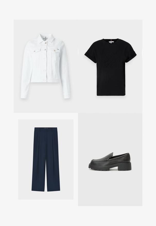 White denim jacket featuring a structured design, two chest pockets, gold-tone buttons, and a cropped length, ideal for casual wear.; Black cotton t-shirt with rolled short sleeves, featuring an embossed logo in the center and a small flag accent on the side.; Navy wide-leg trousers with a high waist, featuring a pleated design, smooth fabric, and a concealed front closure.; Black leather loafers with a rounded toe, thick textured sole, and minimal stitching details. Sleek design with no visible laces or hardware.
