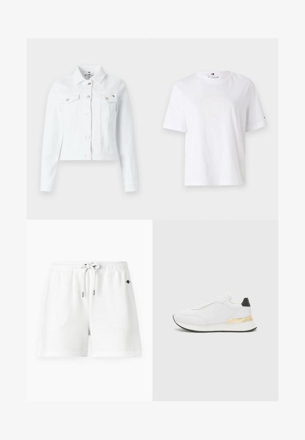 Veste en denim blanc avec un design structuré, deux poches poitrine, des boutons dorés et une longueur courte, idéale pour un style décontracté.; T-shirt en coton blanc avec un col rond, des manches courtes et un design de logo jaune subtil indiquant "HILFIGER NEW YORK 1985". Coupe standard.; Shorts de sport blancs en sweat avec une taille élastique et un cordon de serrage. Matériau en coton doux, avec un minimum de coutures et un petit logo.; Baskets blanches au fini lisse, avec un accent noir au niveau du talon et un détail métallique doré sur la semelle intermédiaire. Design à lacets, semelle en caoutchouc.