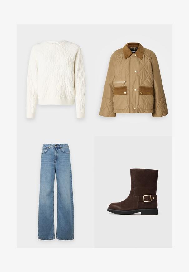 Prošívaná béžová bunda s kordovým límcem, dvěma předními kapsami a kapsou na zip. Obsahuje zlaté kovové prvky a má uvolněný střih.; Bílý pletený svetr s texturovaným diamantovým vzorem, kulatým výstřihem a žebrovanými manžetami a lemem. Měkká tkanina s útulným vzhledem.; Svetle modré široké džíny vyrobené z denimu, s vysokým pasem, předními kapsami a klasickým designem pěti kapes, s jemným vyblednutím.; Hnědé daimové kotníkové boty s kulatou špičkou, plochou černou podrážkou a zlatou sponou na boku. Hladká textura a jednoduchý design.