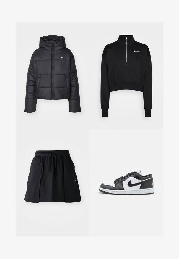 Fekete pehelydzseki, amely nejlonból készült, elöl cipzárral, kapucnival és két elülső zsebbel rendelkezik. A dizájnja varrott részeket és egy kis logót tartalmaz.; Fekete, rövidített pulóver magas gallérral, fél cipzárral, bordázott mandzsettákkal és egy kis fehér Nike logóval a bal mellen. Puha szövet textúra.; Fekete sport szoknya rugalmas derékrésszel és állítható zsinórral. Oldalsó részekkel, könnyű anyagból készült, és egy kis logóval az alsó szélén.; Fekete-fehér Nike alacsony szárú sportcipők sima bőrből készültek, kerek orrúak, fűzős záródásúak, és mintás gumitalppal rendelkeznek.