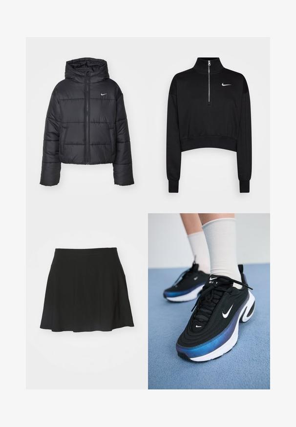 Fekete pehelydzseki, amely nejlonból készült, elöl cipzárral, kapucnival és két elülső zsebbel rendelkezik. A dizájnja varrott részeket és egy kis logót tartalmaz.; Fekete, rövidített pulóver magas gallérral, fél cipzárral, bordázott mandzsettákkal és egy kis fehér Nike logóval a bal mellen. Puha szövet textúra.; Fekete korcsolyás szoknya, puha anyagból készült, harangszerű kialakítással, széles derekú részesedéssel és sima textúrával, látható minták vagy fém alkatrészek nélkül.; Fekete Nike sportcipők sima szövet felsőrésszel, kék-fekete gradiens dizájnnal, fehér talppal és feltűnő logókkal.