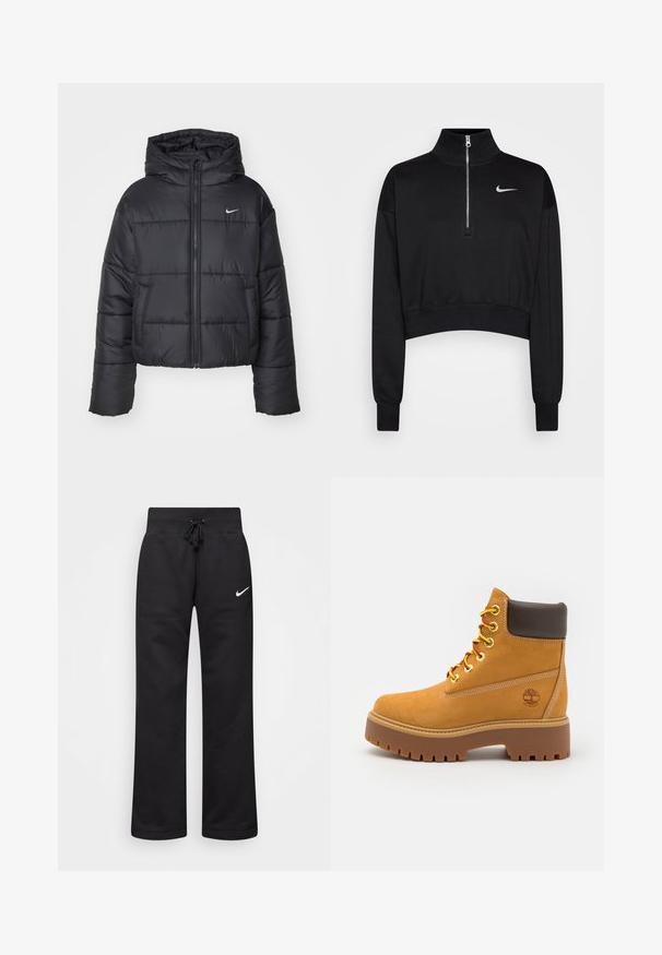 Czarna kurtka puchowa wykonana z nylonu, z zapięciem na zamek, kapturem i dwiema przednimi kieszeniami. Projekt zawiera przeszywane sekcje oraz małe logo.; Czarna, skrócona bluza z wysokim kołnierzem, pół-zamek, ściągacze na rękawach i małe białe logo Nike po lewej stronie klatki piersiowej. Miękka faktura tkaniny.; Czarne dresy wykonane z mieszanki bawełny, z elastycznym pasem ze sznurkiem, prostymi nogawkami i białym logo Nike po lewej stronie.; Karmelowy wodoodporny but za kostkę z solidną gumową podeszwą, okrągłym noskiem, brązowym skórzanym kołnierzem, żółtymi sznurówkami i logo po boku.