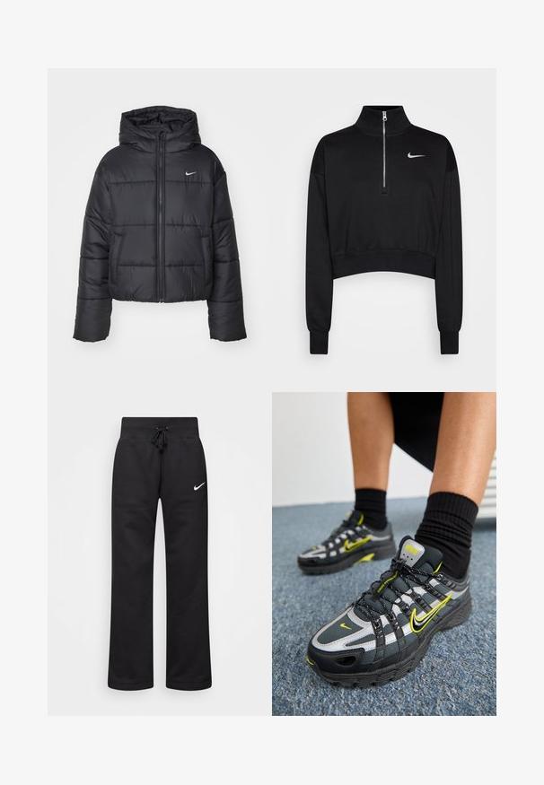 Must värvi puffer-jakk, mis on valmistatud nailonist, omab lukuga esiosa, kapuutsi ja kahte esimest taskut. Disain sisaldab õmmeldud sektsioone ja väikest logo.; Must mustraga tuunik, millel on kõrge kaelus, pool-kratiga lukuga sulgemine, soonikkoes varrukad ning väike valge Nike logo vasakul rinnal. Pehme kangatunne.; Mustad puuvillasegistusega mustad dressipüksid, millel on paelaga vöökoht, sirged jalad ja vasakul küljel valge Nike logo.; Mustad mustad ja hallid sportlikud kingad peegeldavate hõbedaste aktsentidega, tekstuuriga võrkpaneelid ja erksad kollased detailid. Sidumisdisain struktureeritud tallaga.
