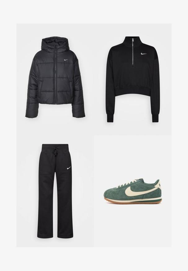 Crna puf jakna izrađena od najlona, s patentnim zatvaračem sprijeda, kapuljačom i dva prednja džepa. Dizajn uključuje šivene dijelove i mali logo.; Crni skraćeni dukserica s visokim ovratnikom, zatvaranjem na polu-zip, rebrastim rukavima i malim bijelim Nike logom na lijevoj strani prsa. Mekana tekstura tkanine.; Crne trenirke od mješavine pamuka, s elastičnim pojasom s vezicom, ravnim nogavicama i bijelim Nike logotipom na lijevoj strani.; Zeleni nubuk patike s krema swooshom, bež vezicama i gumeni đon. Imaju teksturiranu završnu obradu i podstavljeni ovratnik za udobnost.