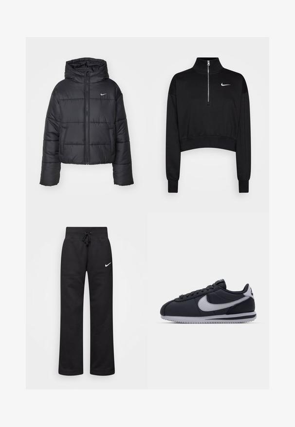 Czarna kurtka puchowa wykonana z nylonu, z zapięciem na zamek, kapturem i dwiema przednimi kieszeniami. Projekt zawiera przeszywane sekcje oraz małe logo.; Czarna, skrócona bluza z wysokim kołnierzem, pół-zamek, ściągacze na rękawach i małe białe logo Nike po lewej stronie klatki piersiowej. Miękka faktura tkaniny.; Czarne dresy wykonane z mieszanki bawełny, z elastycznym pasem ze sznurkiem, prostymi nogawkami i białym logo Nike po lewej stronie.; Czarne sportowe buty z szarymi akcentami, gładka syntetyczna cholewka, teksturowana podeszwa, zaokrąglony nos, płaskie sznurowadła. Klasyczny design z detalem logo.