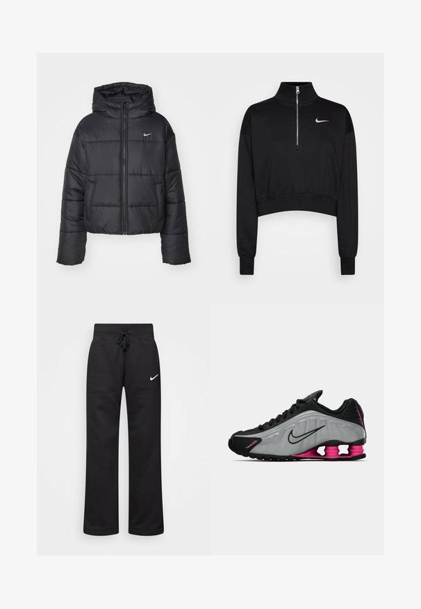 Casaco puffer preto feito de nylon, com fecho éclair à frente, capuz e dois bolsos frontais. O design inclui secções cosidas e um pequeno logo.; Sweatshirt preto cortado com colarinho alto, fecho de meia-zíper, punhos com nervuras e um pequeno logótipo branco da Nike no lado esquerdo do peito. Tecido de textura suave.; Calças de moletão pretas feitas de uma mistura de algodão, com um cós elástico ajustável, pernas retas e um logo da Nike branco no lado esquerdo.; Sapatilha de corrida Nike preta e cinza com atacadores pretos e saltos em forma de mola rosa, mostrada do lado interno sobre um fundo branco.