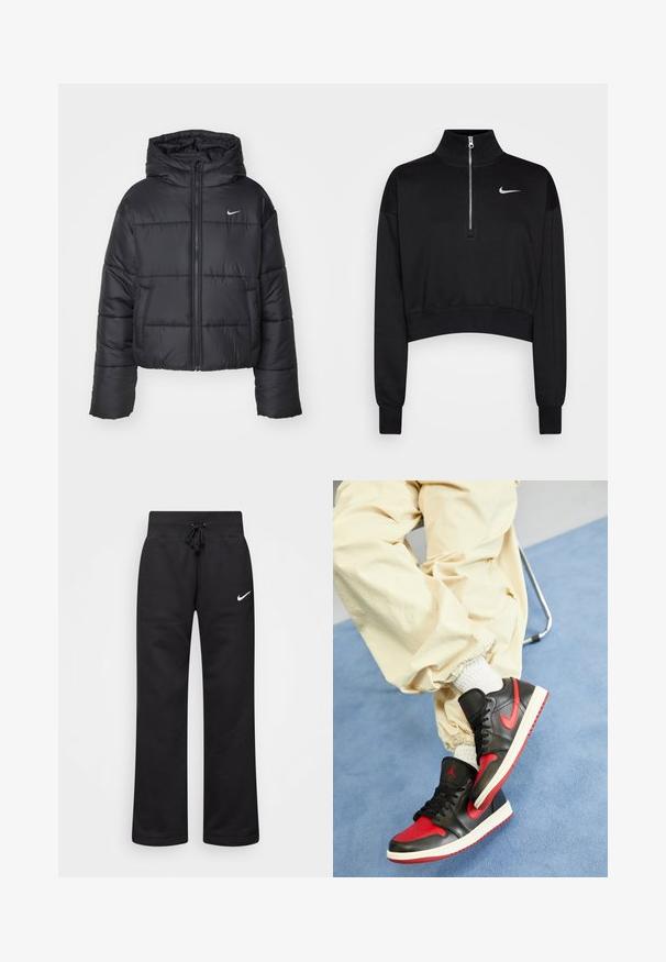 Casaco puffer preto feito de nylon, com fecho éclair à frente, capuz e dois bolsos frontais. O design inclui secções cosidas e um pequeno logo.; Sweatshirt preto cortado com colarinho alto, fecho de meia-zíper, punhos com nervuras e um pequeno logótipo branco da Nike no lado esquerdo do peito. Tecido de textura suave.; Calças de moletão pretas feitas de uma mistura de algodão, com um cós elástico ajustável, pernas retas e um logo da Nike branco no lado esquerdo.; Tênis de couro pretos e vermelhos com sola branca, apresentando um destacado swoosh vermelho e o logótipo da Jordan, combinados com calças na cor creme.