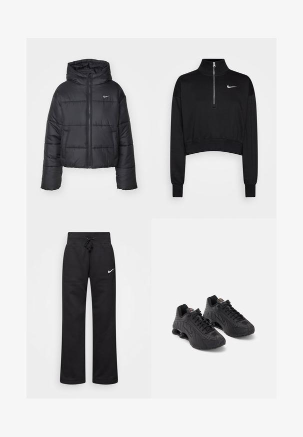 Casaco puffer preto feito de nylon, com fecho éclair à frente, capuz e dois bolsos frontais. O design inclui secções cosidas e um pequeno logo.; Sweatshirt preto cortado com colarinho alto, fecho de meia-zíper, punhos com nervuras e um pequeno logótipo branco da Nike no lado esquerdo do peito. Tecido de textura suave.; Calças de moletão pretas feitas de uma mistura de algodão, com um cós elástico ajustável, pernas retas e um logo da Nike branco no lado esquerdo.; Sapatilhas desportivas pretas com um upper sintético suave, detalhes texturizados, design de atacadores e amortecimento em molas visível no calcanhar.