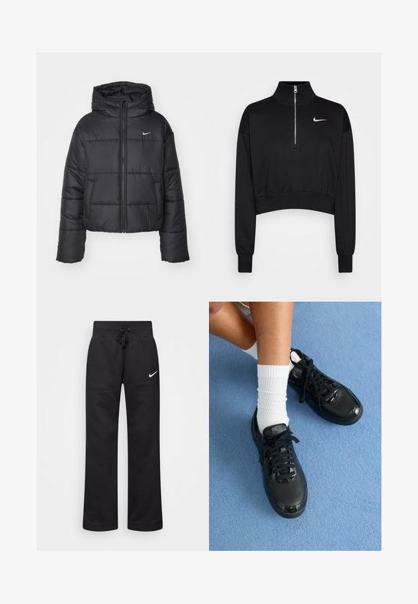 Schwarze Pufferjacke aus Nylon, mit durchgehendem Reißverschluss, Kapuze und zwei Fronttaschen. Das Design umfasst gestickte Abschnitte und ein kleines Logo.; Schwarzer, kurzer Sweatshirt mit hohem Kragen, halbem Reißverschluss, gerippten Bündchen und kleinem weißen Nike-Logo auf der linken Brust. Weicher Stoff.; Schwarze Sweatpants aus einem Baumwollmix, mit einem Kordelzugbund, geraden Beinen und einem weißen Nike-Logo auf der linken Seite.; Schwarze Nike-Sneaker mit strukturiertem Obermaterial, glänzenden Akzenten und runden Schnüren. Sie sind mit weißen gerippten Socken auf einer hellblauen Oberfläche kombiniert.