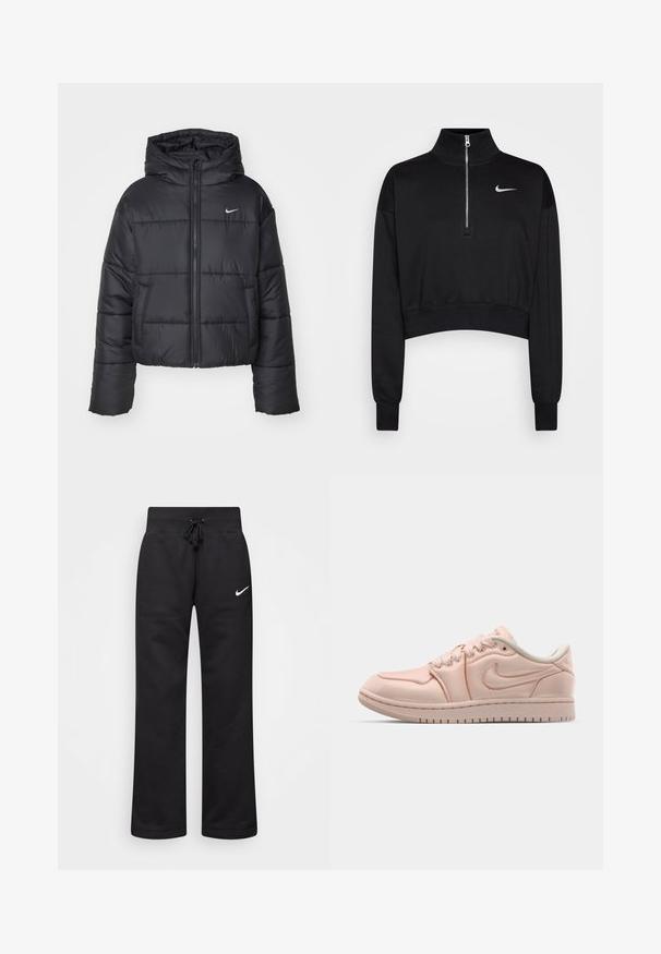 Veste matelassée noire en nylon, avec fermeture éclair sur le devant, capuche et deux poches avant. Le design comprend des sections cousues et un petit logo.; Sweatshirt noir court avec un col haut, fermeture à moitié zippée, poignets en côte et un petit logo Nike blanc sur la poitrine gauche. Texture de tissu doux.; Pantalons de survêtement noirs en mélange de coton, dotés d'une taille élastique avec cordon de serrage, de jambes droites et d'un logo Nike blanc sur le côté gauche.; Baskets Nike en matériau rose doux avec une texture lisse. Design bas classique, présentant des accents blancs et un motif de semelle en caoutchouc.