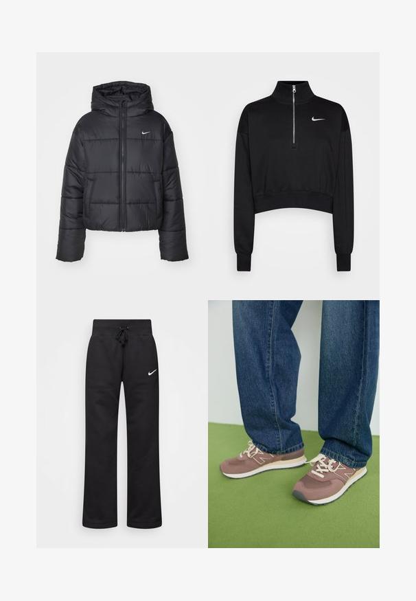 Juodas pūkinis švarkas, pagamintas iš nailono, su užtrauktuku šone, gobtuvu ir dviem priekiniais kišenėmis. Dizainas apima siūtas dalis ir mažą logotipą.; Juoda trumpa pūkinė palaidinė su aukšta apykakle, pusiau užtrauktuku, gumuotais rankogaliais ir mažu baltu Nike logotipu kairiajame krūtinės šone. Minkšta audinio tekstūra.; Juodos medvilnės blend'o treninginės kelnės su raišteliu juosmens srityje, tiesiomis kojomis ir baltu Nike logotipu kairėje pusėje.; Rudi ir mauve sportiniai batai su baltais raišteliais ir smėlio spalvos padu. Dėvimi su mėlynomis džinsinėmis kelnėmis, ant žalios paviršiaus.