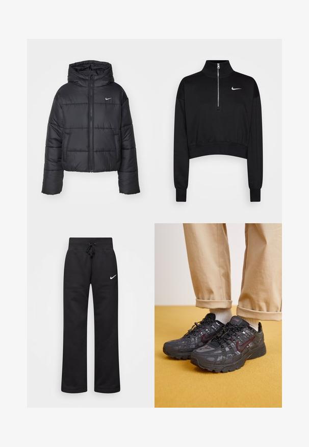 Sort pufferjakke lavet af nylon, med lynlåslukning foran, hætte og to forlommer. Designet inkluderer syede sektioner og et lille logo.; Sort cropped sweatshirt med høje krave, halv lynlås, ribbede manchetter og et lille hvidt Nike-logo på venstre bryst. Blød stoftekstur.; Sorte sweatpants lavet af en bomuldsblanding, med en snøre i taljen, lige ben og et hvidt Nike-logo på venstre side.; Sorte sportsko med røde accenter, med et struktureret design, solid sål og snørelukning. Båret med beige bukser og hvide sokker.