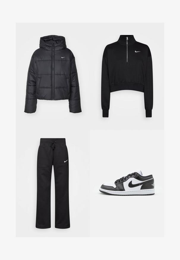 Black puffer jacket made of nylon, featuring a zip front, hood, and two front pockets. The design includes stitched sections and a small logo.; Black cropped sweatshirt with a high collar, half-zip closure, ribbed cuffs, and a small white Nike logo on the left chest. Soft fabric texture.; Black sweatpants made of cotton blend, featuring a drawstring waistband, straight legs, and a white Nike logo on the left side.; Black and white Nike low-top sneakers feature a smooth leather upper, round toe, lace-up closure, and a patterned rubber outsole.