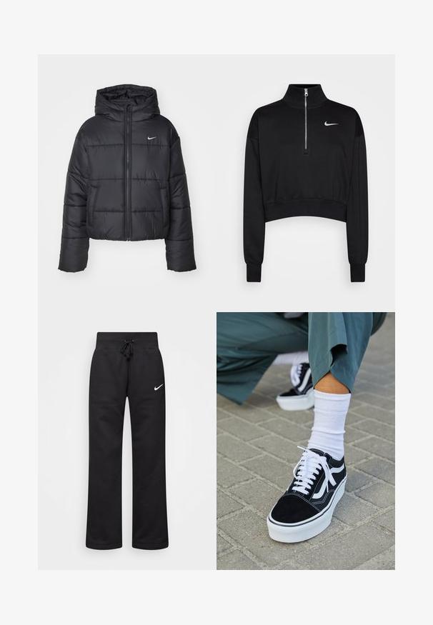 Giubbotto imbottito nero in nylon, con zip frontale, cappuccio e due tasche frontali. Il design presenta sezioni cucite e un piccolo logo.; Felpa nera corta con colletto alto, chiusura a mezzo zip, polsini a coste e un piccolo logo Nike bianco sul petto sinistro. Tessuto morbido.; Pantaloni sportivi neri realizzati in misto cotone, con vita elasticizzata regolabile, gambe dritte e logo bianco Nike sul lato sinistro.; Sneaker in suede nero con dettagli e lacci bianchi, caratterizzato da una suola spessa bianca e cuciture a contrasto, abbinato a un calzino bianco.