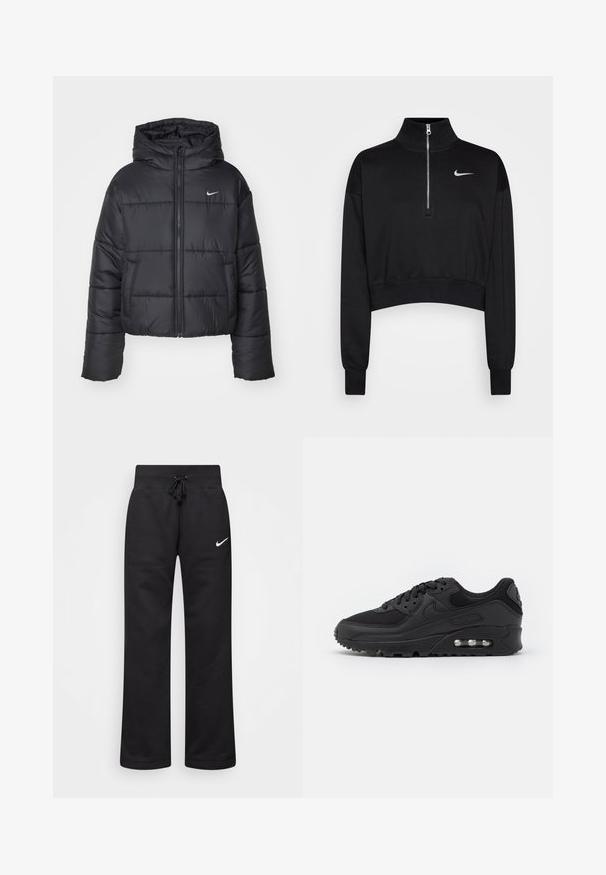 Črna pufasta jakna iz najlona, z zadrgo spredaj, kapuco in dvema sprednjima žepoma. Oblikovanje vključuje šivane dele in majhen logotip.; Črni skrajšan pulover s visokim ovratnikom, pol-zadrgo, rebrastimi manšetami in majhnim belim logotipom Nike na levi strani prsnega koša. Mehka tkanina.; Črne trenirke iz mešanice bombaža, z elastičnim pasom na vrvico, ravnimi nogami in belim logotipom Nike na levi strani.; Črne atletske teniske z gladkim usnjatim in mrežastim zgornjim delom, okroglim nosom, teksturiranimi detajli in vidno zračno enoto v podplatu.