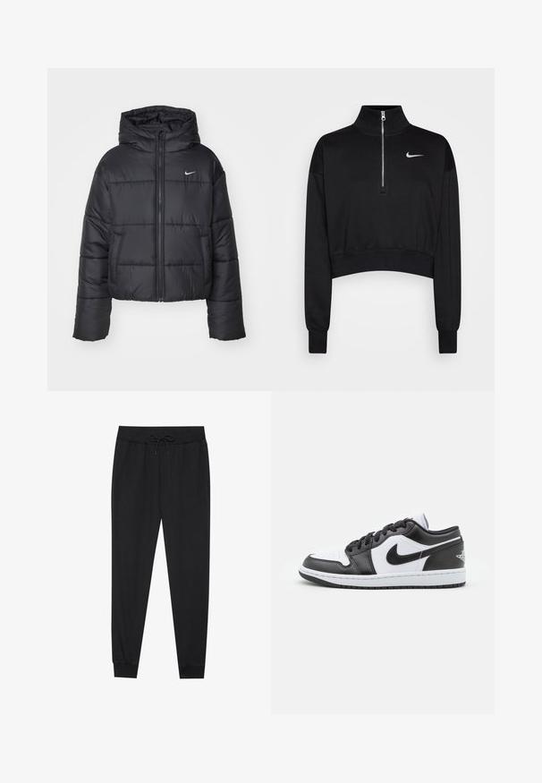 Schwarze Pufferjacke aus Nylon, mit durchgehendem Reißverschluss, Kapuze und zwei Fronttaschen. Das Design umfasst gestickte Abschnitte und ein kleines Logo.; Schwarzer, kurzer Sweatshirt mit hohem Kragen, halbem Reißverschluss, gerippten Bündchen und kleinem weißen Nike-Logo auf der linken Brust. Weicher Stoff.; Schwarze Jogginghose aus weichem Stoff, mit elastischem Bund und Kordelzug, schmal zulaufenden Beinen und gerippten Bündchen an den Knöcheln.; Schwarz-weiße Nike Low-Top-Sneaker verfügen über ein glattes Leder-Obermaterial, eine runde Zehenpartie, eine Schnürung und eine gemusterte Gummisohle.