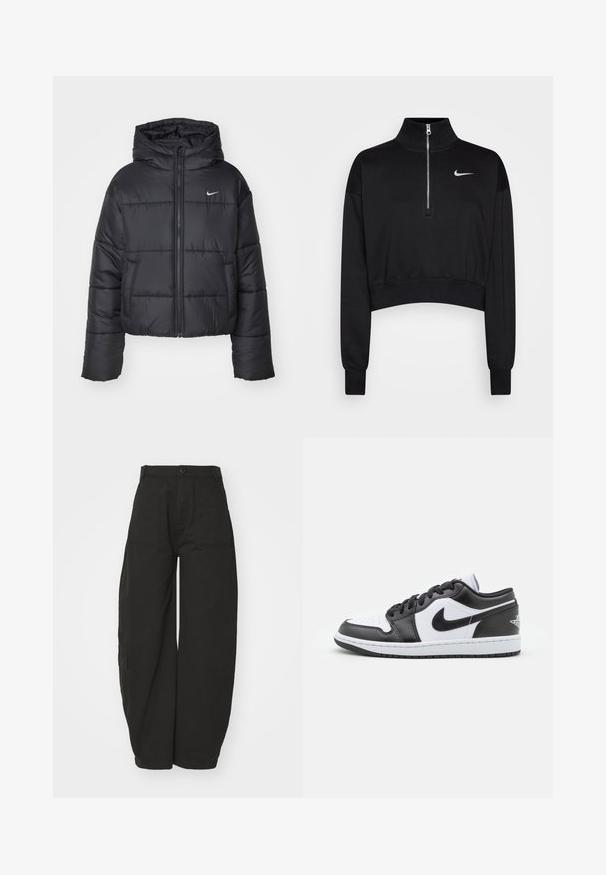 Fekete pehelydzseki, amely nejlonból készült, elöl cipzárral, kapucnival és két elülső zsebbel rendelkezik. A dizájnja varrott részeket és egy kis logót tartalmaz.; Fekete, rövidített pulóver magas gallérral, fél cipzárral, bordázott mandzsettákkal és egy kis fehér Nike logóval a bal mellen. Puha szövet textúra.; Széles szárú fekete nadrág, pamutból készült, magasított derékkal, elől gombos záródással és oldalsó zsebekkel a funkcionalitás érdekében.; Fekete-fehér Nike alacsony szárú sportcipők sima bőrből készültek, kerek orrúak, fűzős záródásúak, és mintás gumitalppal rendelkeznek.