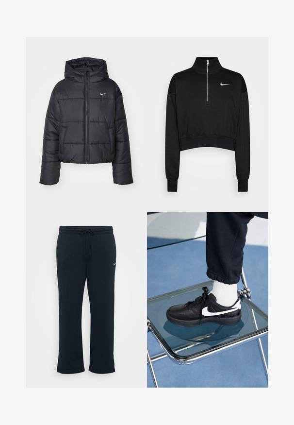 Černá péřová bunda vyrobená z nylonu, s předním zipem, kapucí a dvěma předními kapsami. Design zahrnuje prošívané části a malé logo.; Černá zkrácená mikina s vysokým límcem, polovičním zipem, žebrovanými rukávy a malým bílým logem Nike na levé hrudi. Měkký textilní povrch.; Černé tepláky s elastickým pasem a nastavitelnými šňůrkami. Na levé straně se nachází malé bílé logo Nike. Měkká textilie.; Černé tenisky Nike s bílými akcenty, s hladkou koženou texturou, šněrovacím designem a zaoblenou špičkou, umístěné na skleněné židli.