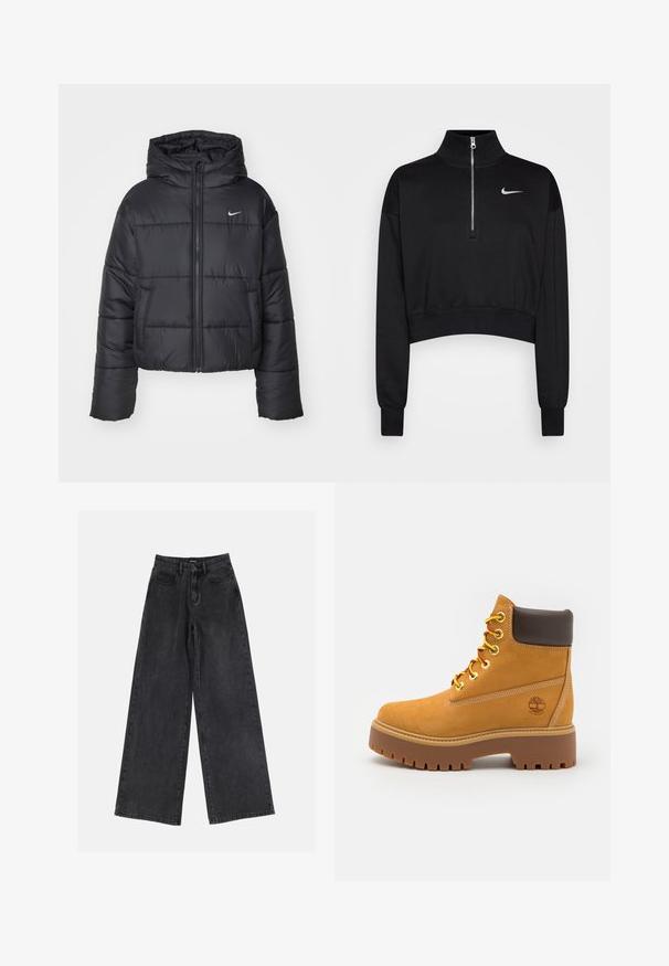 Svart puffjacka i nylon, med dragkedja fram, huva och två framfickor. Designen inkluderar stickade sektioner och en liten logotyp.; Svart kortärmad sweatshirt med hög krage, halvdragkedja, ribbade ärmslut och en liten vit Nike-logotyp på vänster bröst. Mjuk tygkänsla.; Svarta vida denimjeans med hög midja, klassisk femfickdesign och subtil blekning. Hållbart tyg med en mjuk textur.; Tan vattentålig ankelstövel med en robust gummisul, rund tå, brunt läderkrage, gula snören och en logotyp på sidan.
