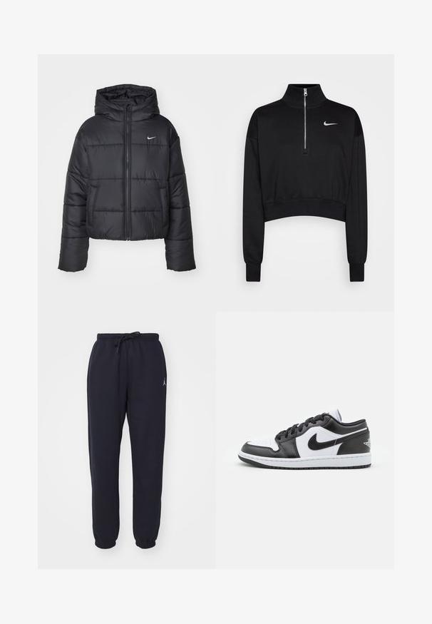 Zwarte pufferjack van nylon, met een rits aan de voorkant, een capuchon en twee vo pockets. Het ontwerp heeft gestikte secties en een klein logo.; Zwarte cropped sweatshirt met een hoge kraag, halve rits, geribde manchetten en een klein wit Nike-logo op de linkerkant van de borst. Zachte stoffen textuur.; Navy joggingsbroek gemaakt van zacht materiaal, met een elastische tailleband met drawstring, taps toelopende pijpen en een klein wit logo aan de voorkant.; Zwart-witte Nike lage sneakers hebben een glad leren bovenwerk, een ronde neus, vetersluiting en een gestippelde rubberen zool.