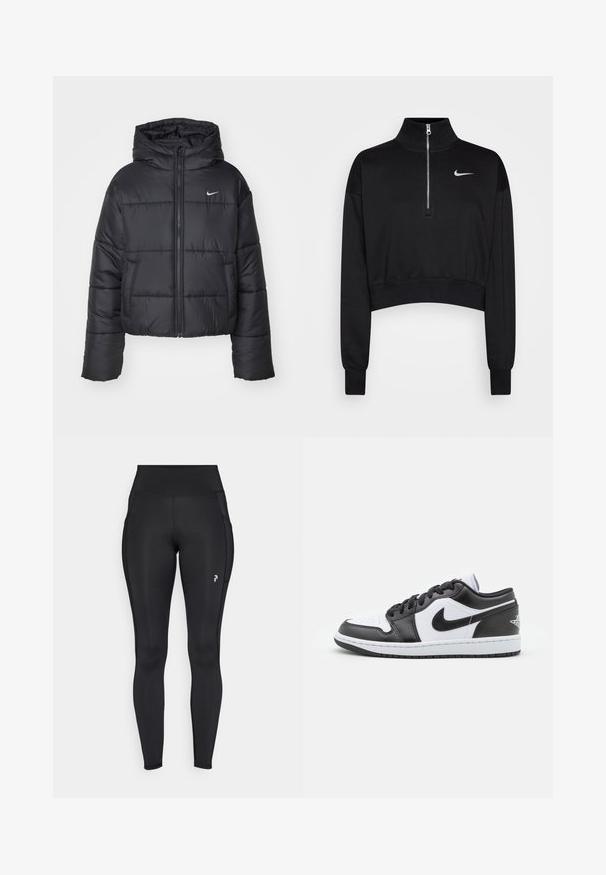 Black puffer jacket made of nylon, featuring a zip front, hood, and two front pockets. The design includes stitched sections and a small logo.; Black cropped sweatshirt with a high collar, half-zip closure, ribbed cuffs, and a small white Nike logo on the left chest. Soft fabric texture.; Black full-length leggings made of stretchy material, featuring a high waist, side pockets, and a small logo on the left thigh.; Black and white Nike low-top sneakers feature a smooth leather upper, round toe, lace-up closure, and a patterned rubber outsole.