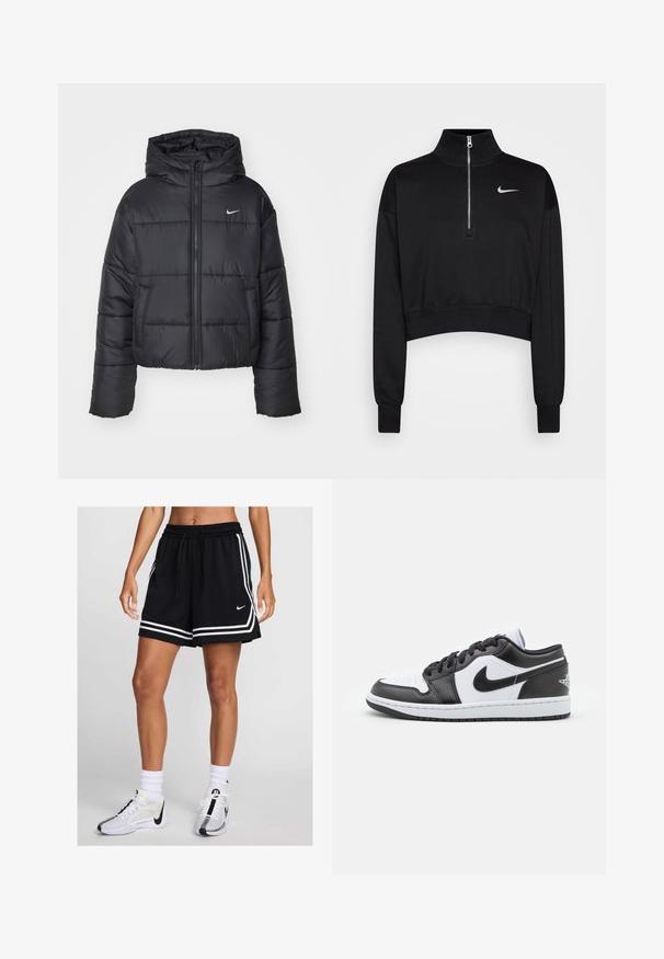 Schwarze Pufferjacke aus Nylon, mit durchgehendem Reißverschluss, Kapuze und zwei Fronttaschen. Das Design umfasst gestickte Abschnitte und ein kleines Logo.; Schwarzer, kurzer Sweatshirt mit hohem Kragen, halbem Reißverschluss, gerippten Bündchen und kleinem weißen Nike-Logo auf der linken Brust. Weicher Stoff.; Schwarze Sportshorts mit weißen Streifen, einem elastischen Bund und einer Kordelzugfunktion. Kombiniert mit weißen und schwarzen Turnschuhen und Socken.; Schwarz-weiße Nike Low-Top-Sneaker verfügen über ein glattes Leder-Obermaterial, eine runde Zehenpartie, eine Schnürung und eine gemusterte Gummisohle.