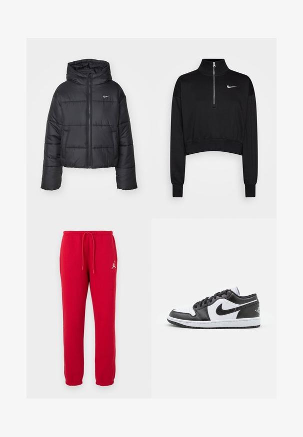 Jachetă puffer neagră din nailon, cu fermoar în față, glugă și două buzunare frontale. Designul include secțiuni cusute și un mic logo.; Sweatshirt scurt negru cu guler înalt, închidere cu fermoar pe jumătate, manșete ribă și un mic logo alb Nike pe pieptul stâng. Textură de material moale.; Pantaloni de trening roșii din bumbac, cu un cordon la talie, manșete elastice și un logo alb pe coapsa stângă. Textură netedă, croială obișnuită.; Sneakers Nike cu talpă joasă, alb-negru, prezintă un superior din piele netedă, vârf rotund, închidere cu șireturi și o talpă din cauciuc cu model.