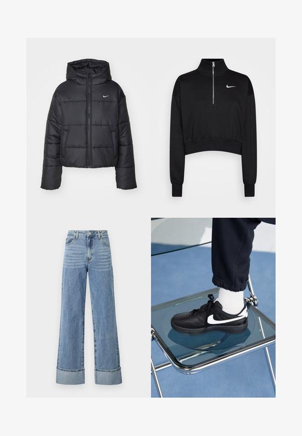 Jachetă puffer neagră din nailon, cu fermoar în față, glugă și două buzunare frontale. Designul include secțiuni cusute și un mic logo.; Sweatshirt scurt negru cu guler înalt, închidere cu fermoar pe jumătate, manșete ribă și un mic logo alb Nike pe pieptul stâng. Textură de material moale.; Jeans wide-leg de culoare albastru deschis, confecționați din denim, cu talie înaltă, design cu cinci buzunare și manșete rulate. Textură netedă cu o ușoară decolorare.; Adidași negri Nike cu accente albe, cu o textură de piele netedă, design cu șireturi și vârf rotunjit, așezați pe un scaun din sticlă.