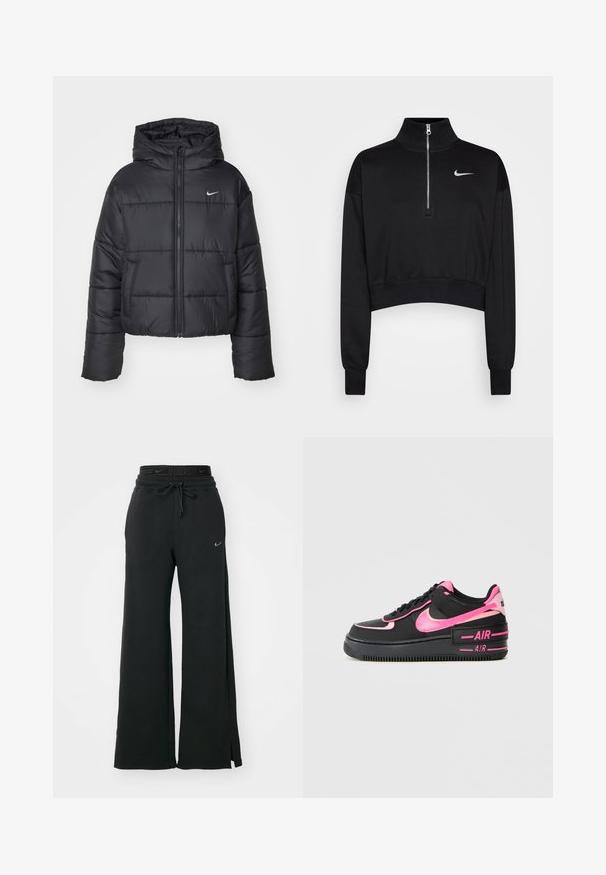 Sort pufferjakke lavet af nylon, med lynlåslukning foran, hætte og to forlommer. Designet inkluderer syede sektioner og et lille logo.; Sort cropped sweatshirt med høje krave, halv lynlås, ribbede manchetter og et lille hvidt Nike-logo på venstre bryst. Blød stoftekstur.; Sorte brede sweatpants lavet af blødt materiale, med en snor i livet, sideslids og et hvidt Nike-logo på venstre side.; Sorte Nike Air Force 1 sneakers har en glossy pink swoosh, kant og detaljer, med en tekstureret overdel og en gummisål.