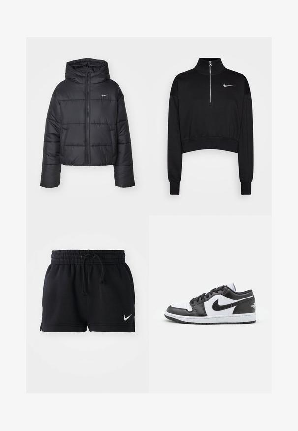 Casaco puffer preto feito de nylon, com fecho éclair à frente, capuz e dois bolsos frontais. O design inclui secções cosidas e um pequeno logo.; Sweatshirt preto cortado com colarinho alto, fecho de meia-zíper, punhos com nervuras e um pequeno logótipo branco da Nike no lado esquerdo do peito. Tecido de textura suave.; Calções atléticos pretos feitos de tecido suave, com um cós elástico e cordão, fendas laterais e um pequeno logótipo branco na bainha.; As sapatilhas Nike de cano baixo, em preto e branco, apresentam um cabedal em couro liso, bico redondo, fecho com atacadores e uma sola de borracha com padrão.