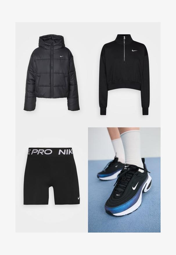 Juodas pūkinis švarkas, pagamintas iš nailono, su užtrauktuku šone, gobtuvu ir dviem priekiniais kišenėmis. Dizainas apima siūtas dalis ir mažą logotipą.; Juoda trumpa pūkinė palaidinė su aukšta apykakle, pusiau užtrauktuku, gumuotais rankogaliais ir mažu baltu Nike logotipu kairiajame krūtinės šone. Minkšta audinio tekstūra.; Juodos sporto šortai su plačiu juodu juosmeniu, ant kurio baltomis raidėmis yra užrašas "NIKE PRO". Ant kojos esantis mažas baltas Nike Swoosh logotipas.; Juodi Nike sportbačiai su glotna audinio viršutine dalimi, turintys gradientinį mėlynos ir juodos spalvos dizainą, baltą pado dalį ir akcentuotus logotipus.
