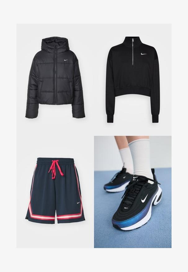 Svart boblejakke laget av nylon, med glidelås i front, hette og to frontlommer. Designet inkluderer sydd seksjoner og en liten logo.; Svart kortermet genser med høy krage, halvdirkjenning, ribbede mansjetter og en liten hvit Nike-logo på venstre bryst. Myk stofftekstur.; Marine treningsshorts med rosa snor og kontrasterende sidestreker. Laget av mykt stoff, med en liten logo på nedre venstre side.; Sorte Nike joggesko med en glatt stoffoverdel, med et gradientdesign fra blått til svart, hvit såle og fremtredende logoaksenter.