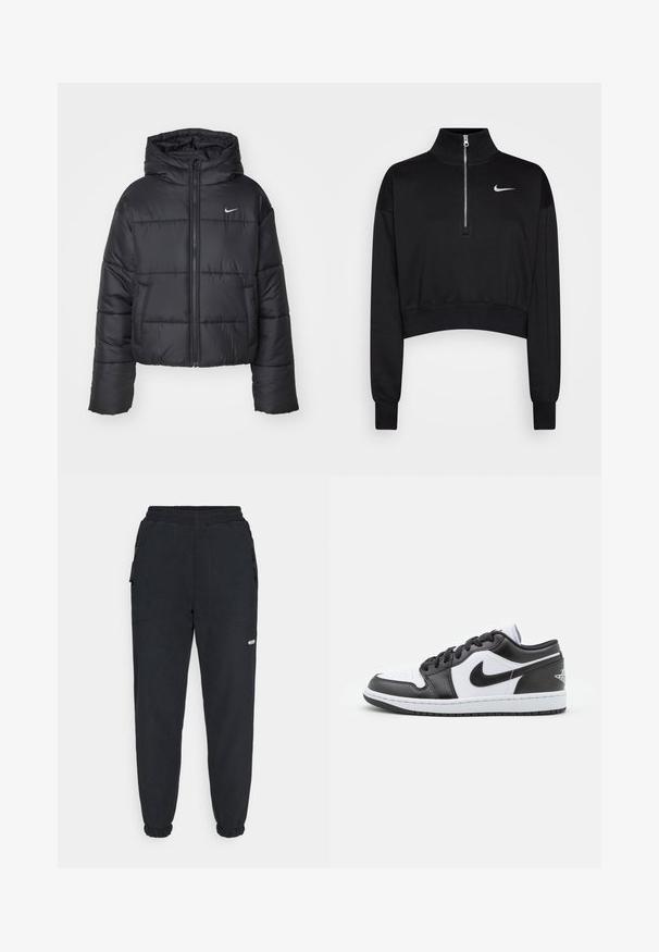 Čierna prešívaná bunda vyrobená z nylonu, s predným zipsom, kapucňou a dvoma prednými vreckami. Dizajn obsahuje prešité časti a malé logo.; Čierny skrátený sveter s vysokým golierom, polovičným zipsom, rebrovanými manžetami a malým bielym logom Nike na ľavej hrudi. Mäkká textúra látky.; Čierne fleecové teplákové nohavice s elastickým pásom, zúženými nohavicami, bočnými vreckami a malým bielym logom na ľavej nohe.; Čierno-biele nízke tenisky Nike majú hladký kožený zvršok, okrúlu špičku, šnurovacie zapínanie a vzorovanú gumovú podrážku.