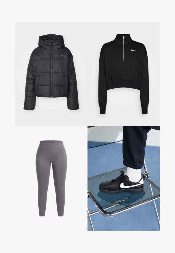 Giubbotto imbottito nero in nylon, con zip frontale, cappuccio e due tasche frontali. Il design presenta sezioni cucite e un piccolo logo.; Felpa nera corta con colletto alto, chiusura a mezzo zip, polsini a coste e un piccolo logo Nike bianco sul petto sinistro. Tessuto morbido.; Leggings grigi con una vita alta e elastica. Realizzati in materiale liscio ed elastico, caratterizzati da un design aderente e una costruzione senza cuciture.; Sneakers Nike neri con accenti bianchi, caratterizzati da una superficie in pelle liscia, design con lacci e punta rotonda, posizionati su una sedia di vetro.