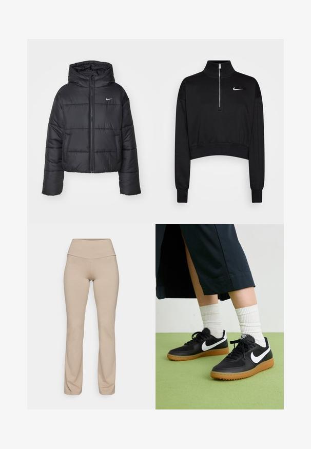 Svart boblejakke laget av nylon, med glidelås i front, hette og to frontlommer. Designet inkluderer sydd seksjoner og en liten logo.; Svart kortermet genser med høy krage, halvdirkjenning, ribbede mansjetter og en liten hvit Nike-logo på venstre bryst. Myk stofftekstur.; Beige leggings med høy midje, laget av mykt og elastisk stoff. Har en jevn tekstur og en tettsittende design som smalner inn ved ankelen.; Sorte lær- og syntetiske joggesko med hvit Nike swoosh, gummisåle, rund tå og sorte lisser. Ribbet hvite sokker synlige.
