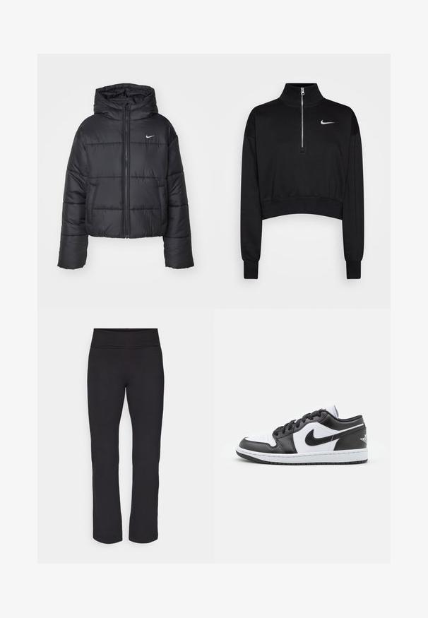Svart boblejakke laget av nylon, med glidelås i front, hette og to frontlommer. Designet inkluderer sydd seksjoner og en liten logo.; Svart kortermet genser med høy krage, halvdirkjenning, ribbede mansjetter og en liten hvit Nike-logo på venstre bryst. Myk stofftekstur.; Sorte leggings laget av et glatt, elastisk stoff med bred midje. De har rette ben i full lengde og ingen synlige mønstre eller detaljer.; Sorte og hvite Nike lave sneakers har en glatt læroverdel, rund tå, snøring og en mønstret gummisåle.